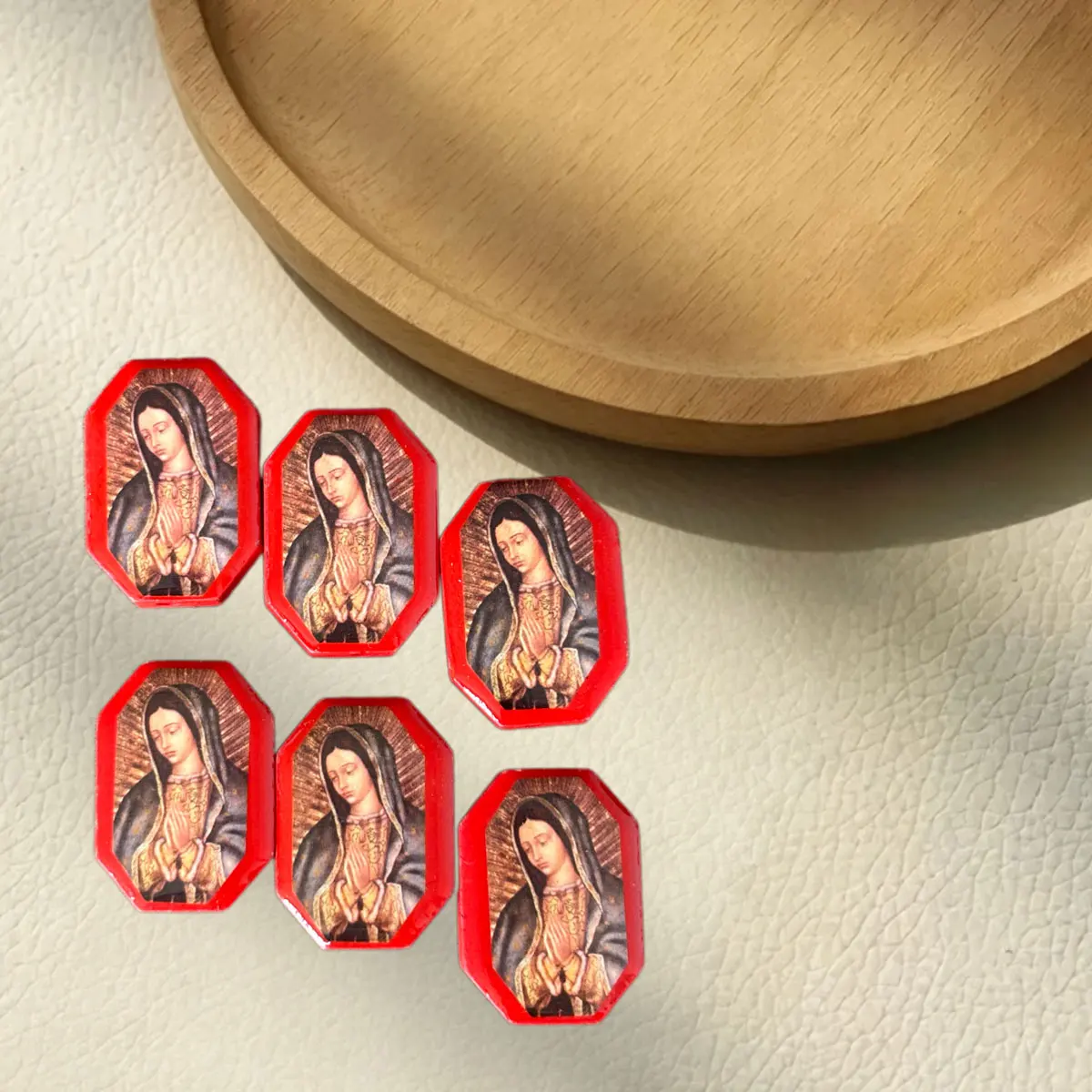 12pcs Red Guadalupe Virgin Mary Wooden Beads, Religious Octagon Beads for DIY Bracelet Necklace