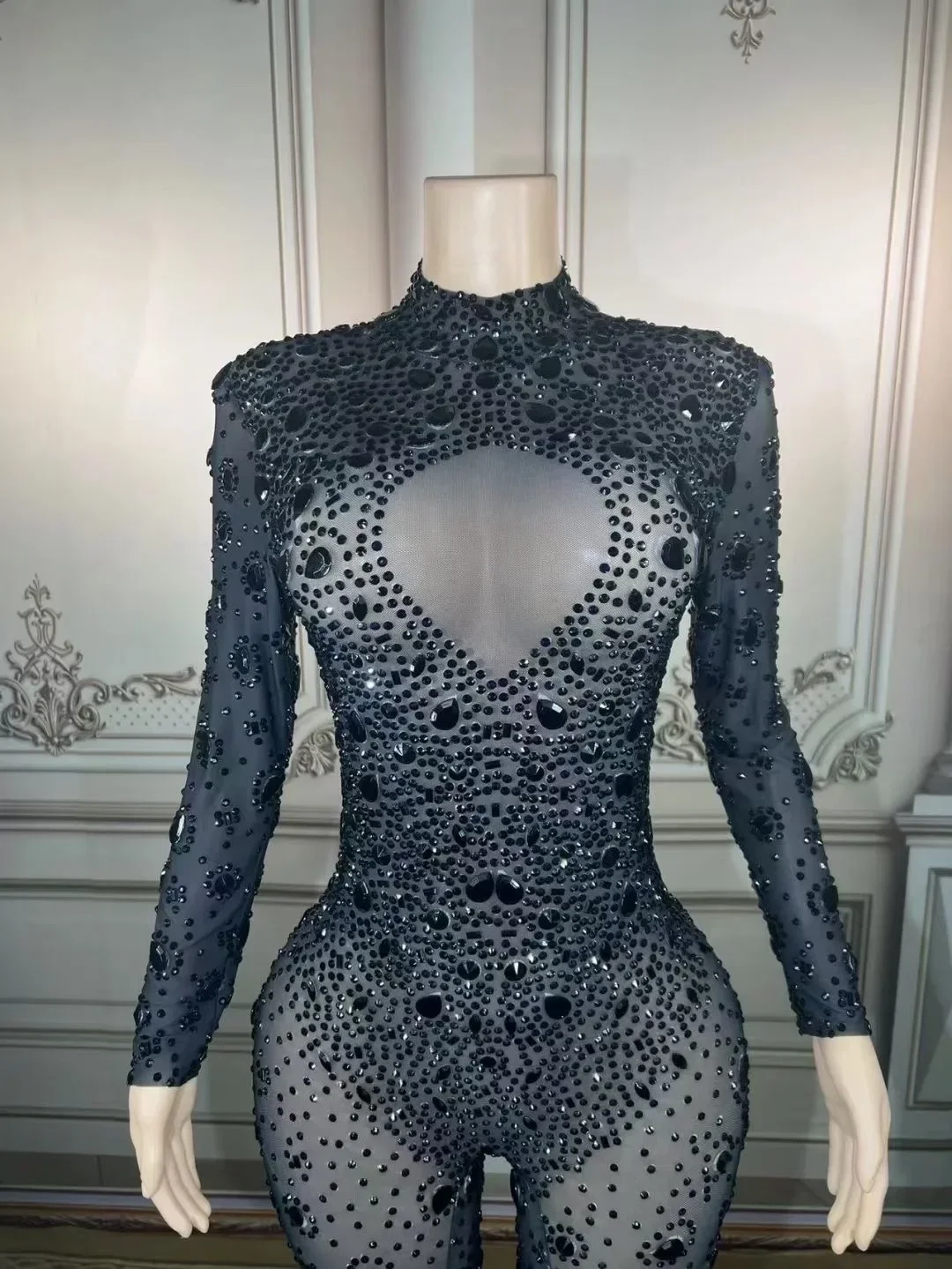 

Women Black Shining Rhinestones Crystal Sexy Long Sleeve Nightclub Party Jumpsuits Pole Prom Dance Stage Costumes
