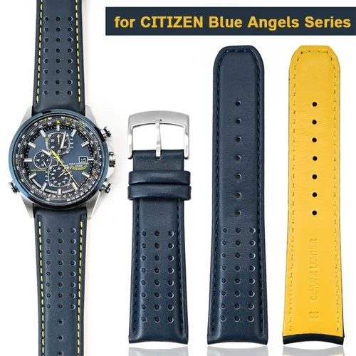 Imagen 1 del producto Correa de cuero genuino de 22mm y 23mm para Citizen Blue Angels Series, correa de reloj de piel de vaca con extremo curvado en arco para Blancpain Fifty Fathoms