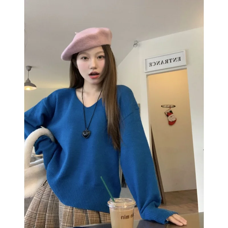 Women's Clothing Blue Knitting Sweater Printing Long Sleeves Vintage Casual Korean Fashion Baggy Ladies 2024 Spring V-neck Tops