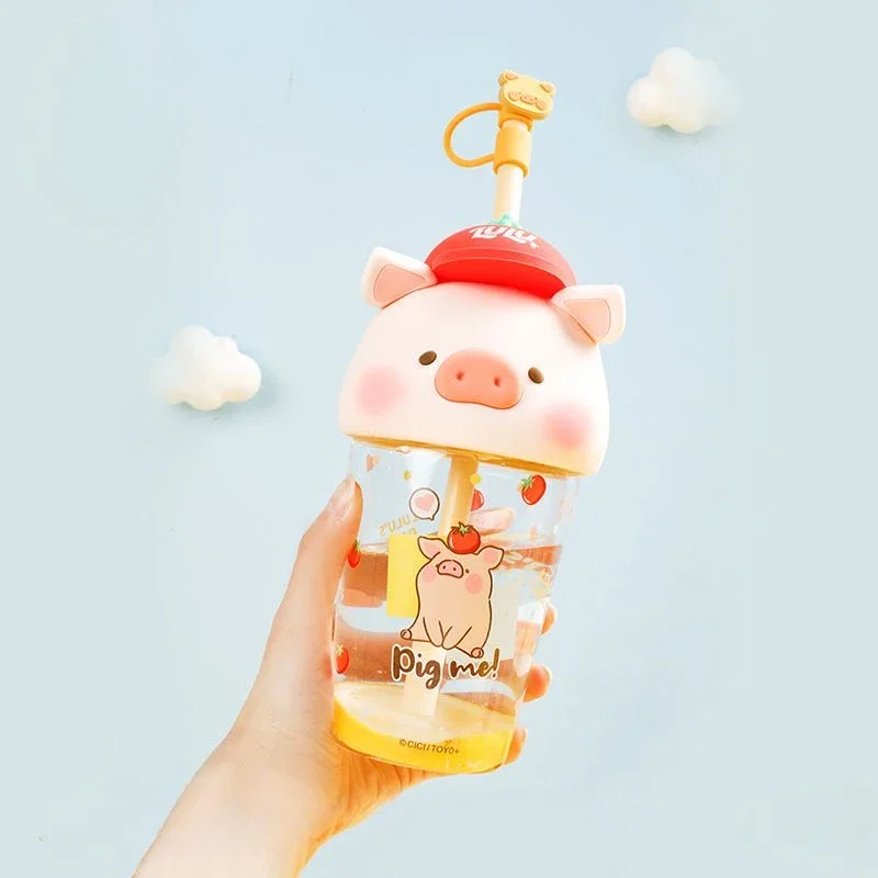 New Canned Pig LuLu Pig Kawaii Cute High-capacity Straw Cup Girls Children's Water Cup Glass Cup Home Holiday Gifts for People