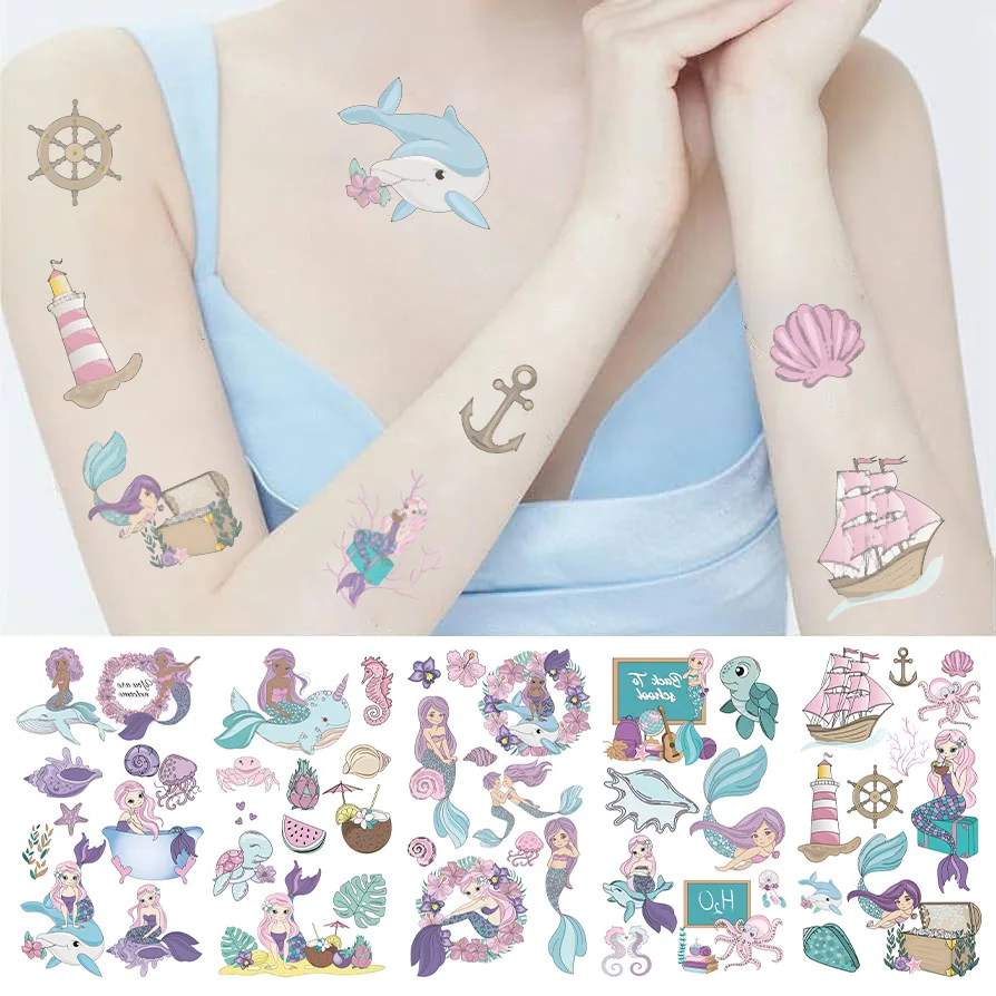 10Pcs/set Cartoon Mermaid  Temporary Tattoo Stickers Cute Whale Octopus Children Tattoo For Kids Funny Birthday Gift