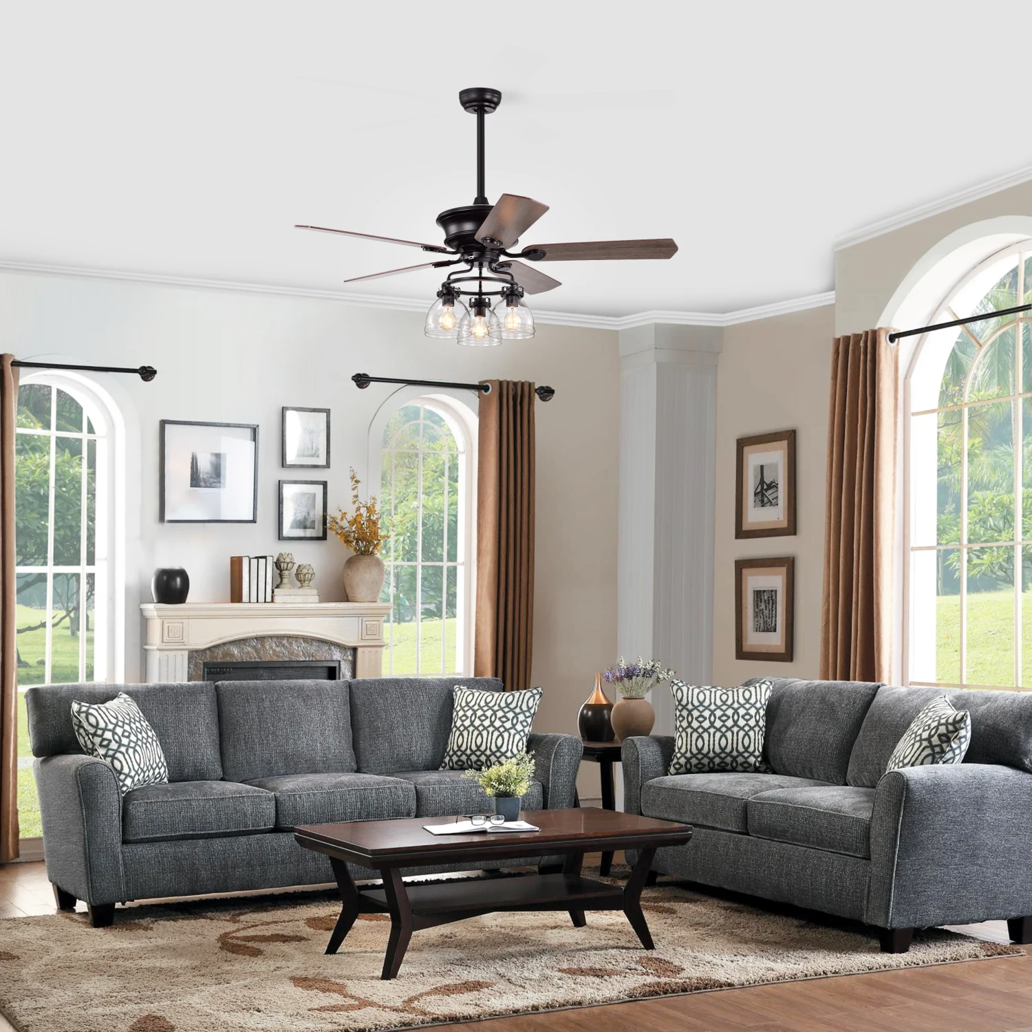 52-in Farmhouse Glass Shade 5-Blade Reversible Ceiling Fan with Light Kit and Remote - 52 Inches For Bedroom ,Living Room--Matte