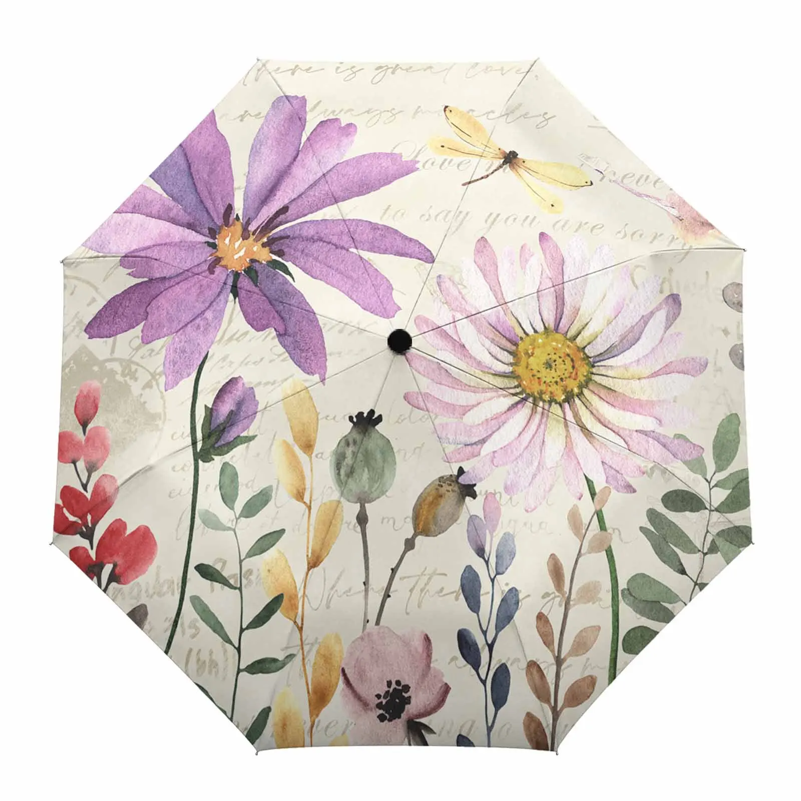 Wildflowers Flying Butterflies Flower Automatic Umbrella for Rain Foldable Parasol Umbrella Eight strand Outdoor Umbrellas