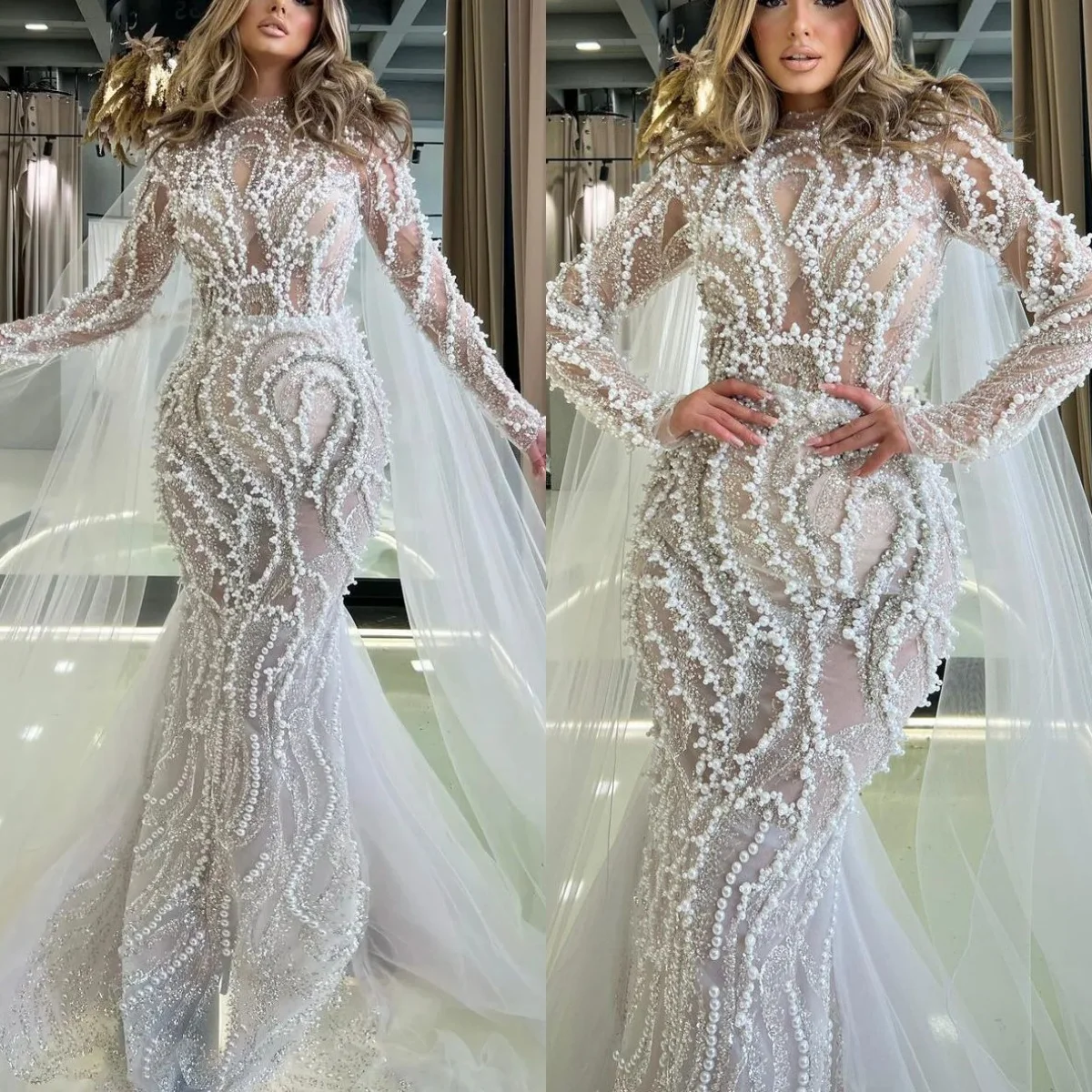

Роскошные свадебные платья русалки с жемчугом, прозрачные свадебные платья со стразами и длинными рукавами, индивидуальные платья принцессы Vestidos De Novia