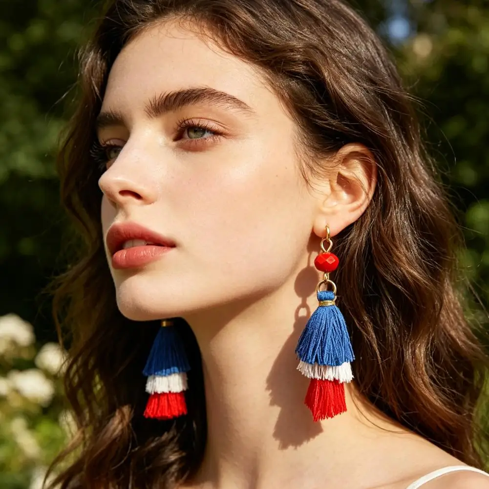 Chic Earrings Multi-layered Fringe Earrings White Blue Flag Pendants 4th of July Independence Day Tassel Tower Gifts for Women