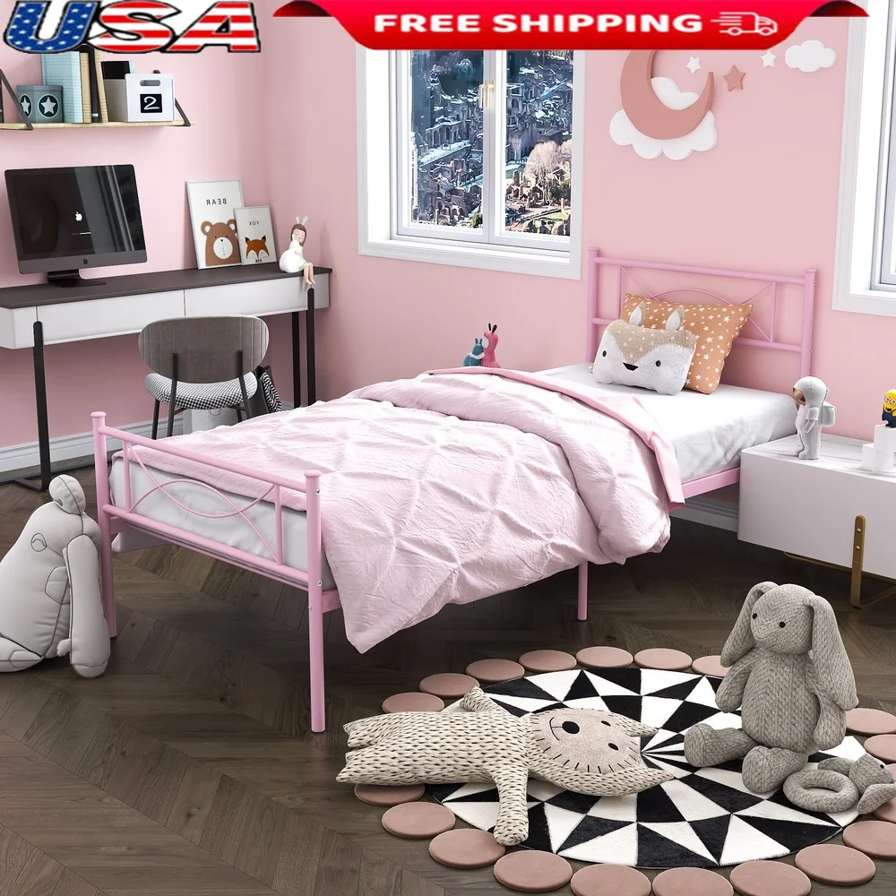 

Kids Pink Metal Twin Platform Bed Frame with Headboard Footboard Sturdy Steel Construction Easy Assembly Under Bed Storage Ideal