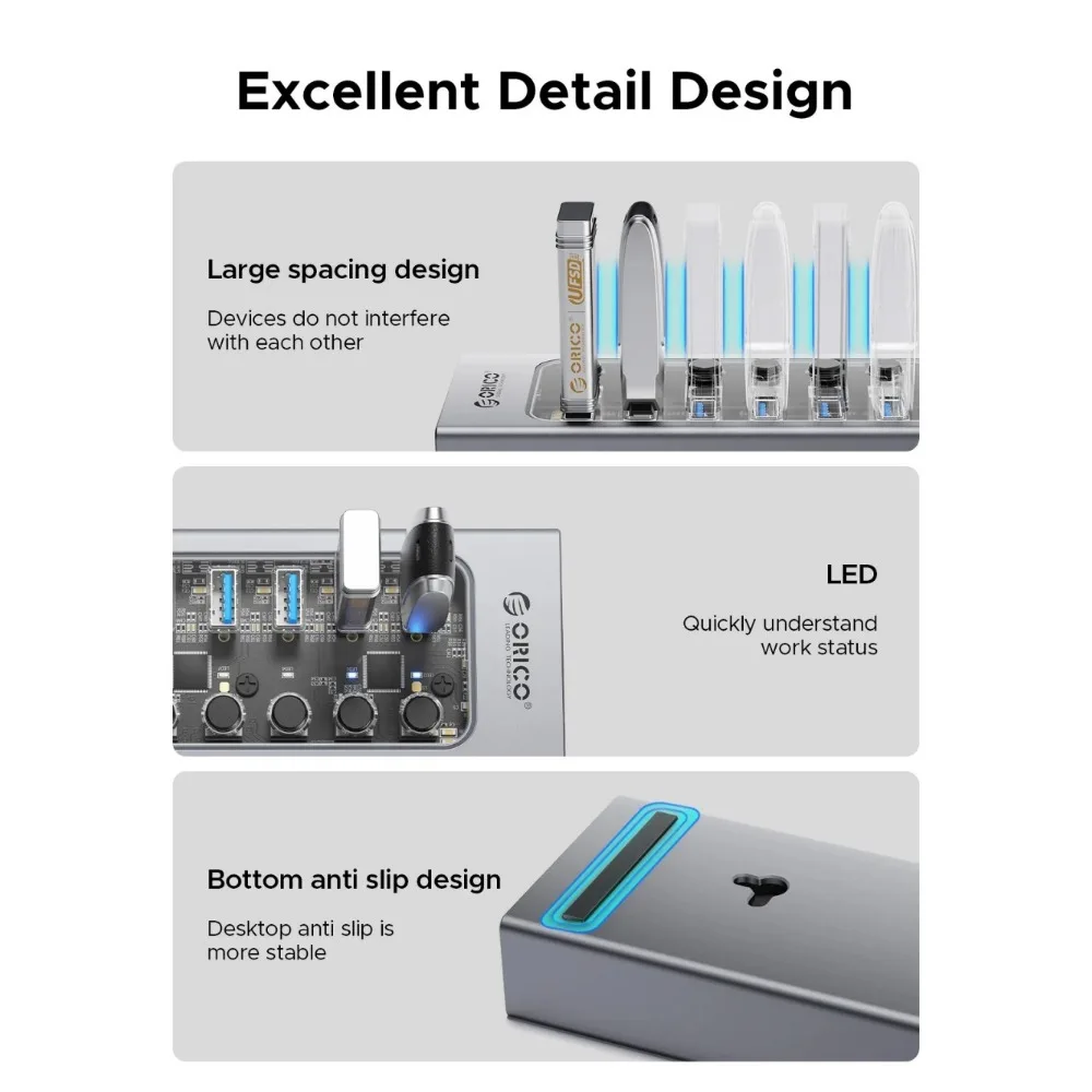 Imagem -06 - Orico-alumínio Industrial Hub Splitter Split Switch Adaptador de Alimentação Macbook Pro Acessórios de Computador Usb 3.0 12v 7-port