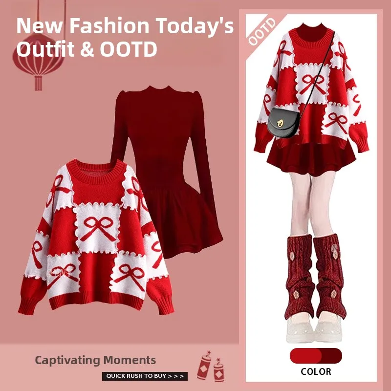 

Early Spring Fashion Knitted Sweater And Long Sleeve Waist-Cinched Dress Two-Piece Women's Ensemble round Neckline Casual Wear