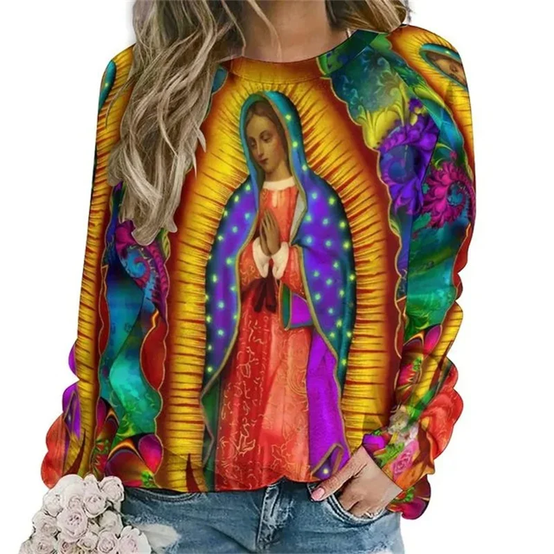 Vintage 3D German Our Lady Of Guadalupe Virgin Mary Printing Sweatshirts For Women Unisex Fashion Streetwear Round Neck Hoodies