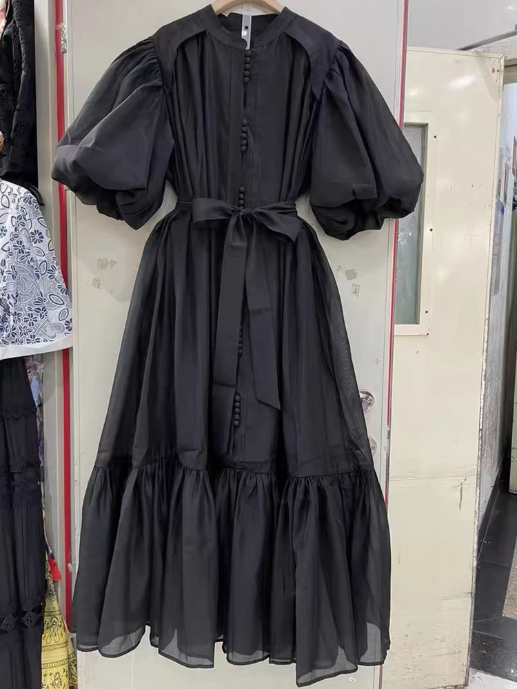 

Fashion elegant spring and summer women's new ladies solid color lantern sleeve loose dress with waist strap and long A-line ski