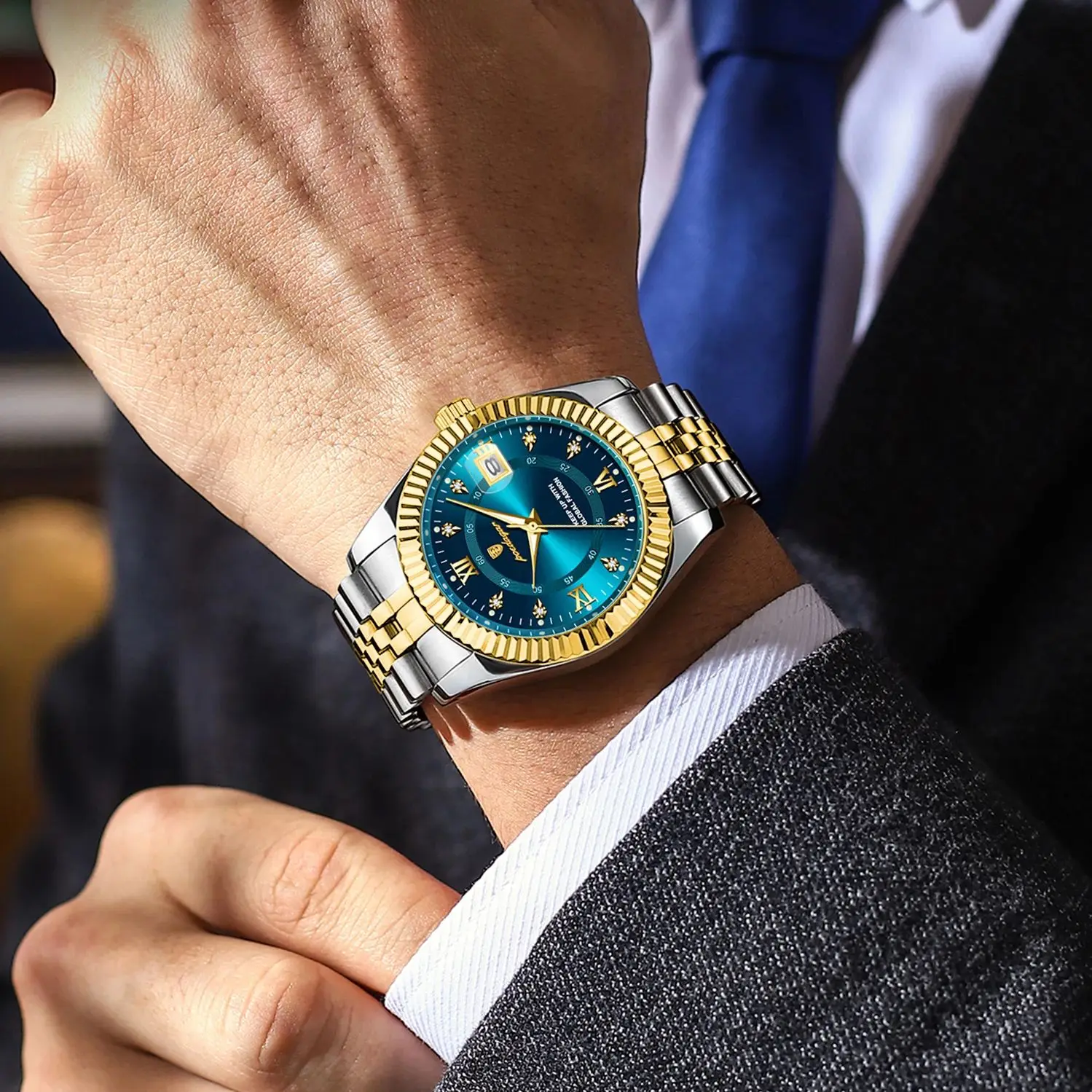 포에다가 최고급 남성용 시계 스테인리스 스틸 날짜 표시 쿼츠 방수 야광 비즈니스 패션 시계 남성용 레로즈