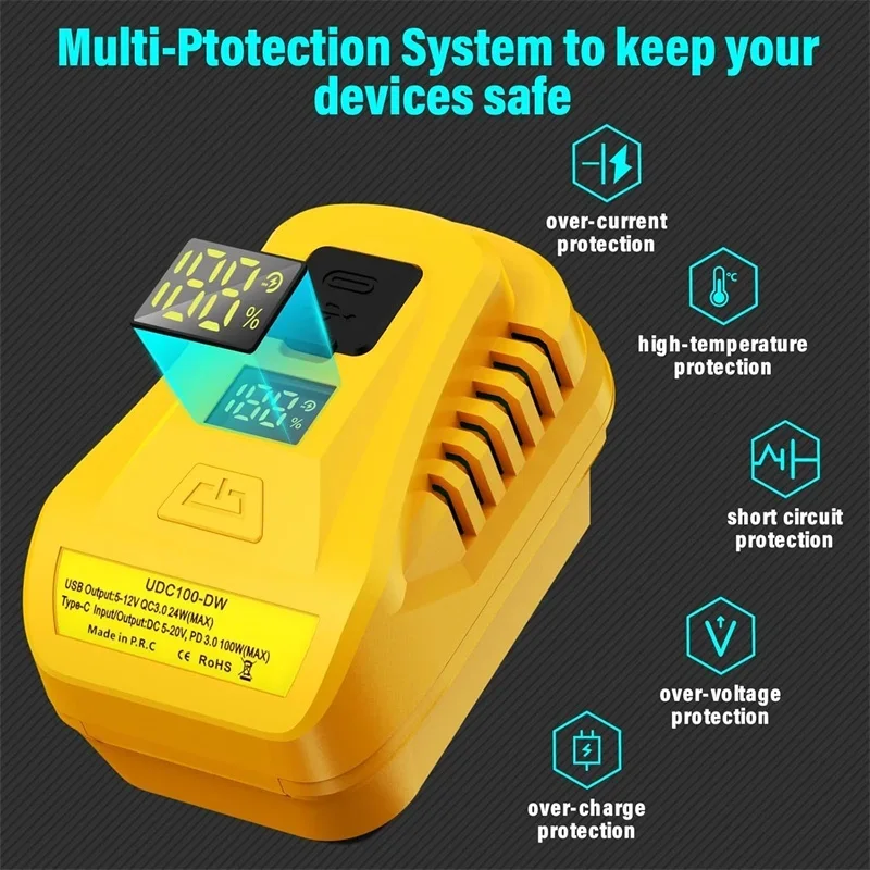 Convertidor adaptador 2 en 1 para batería de iones de litio Makita/Dewalt/Milwaukee/Einhell de 18V, cargador USB de 100W con pantalla LED