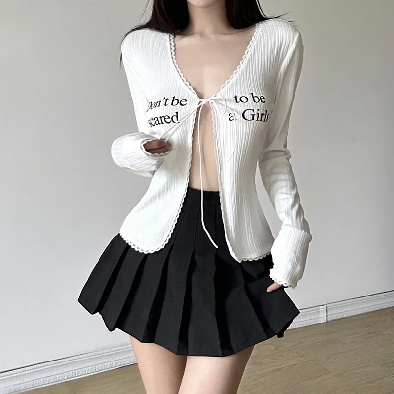 Summer Sexy Women Thin Sunscreen Cardigan Lace-up Knitwear Tops Female Euro-American Short Coat Casual Sun Protected T-shirt y2k