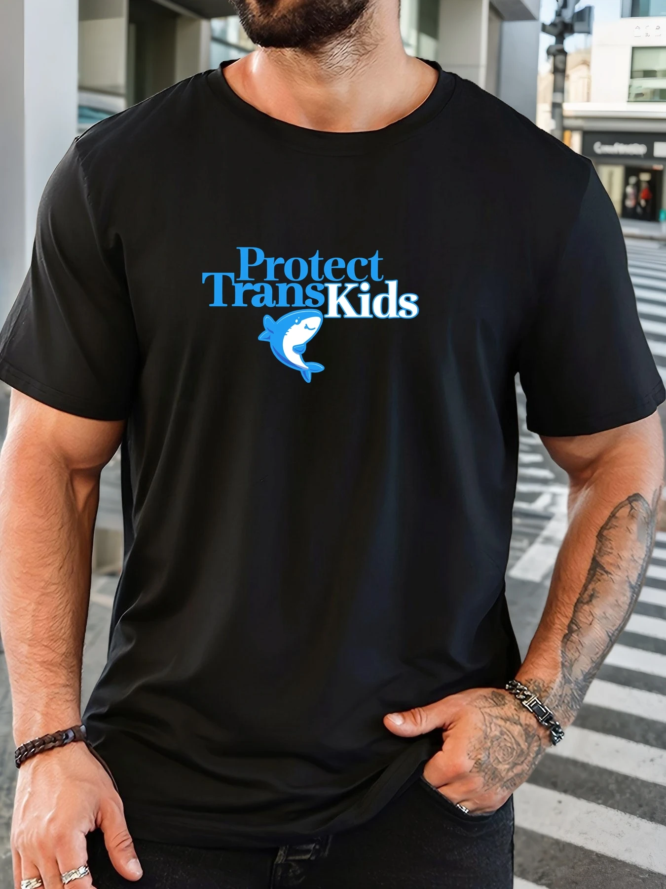 

Men's Pure Cotton T-Shirt Short Sleeve Crew Neck with Protect Trans Kids & Shark Graphic Cool Lightweight Comfortable Summer Tee