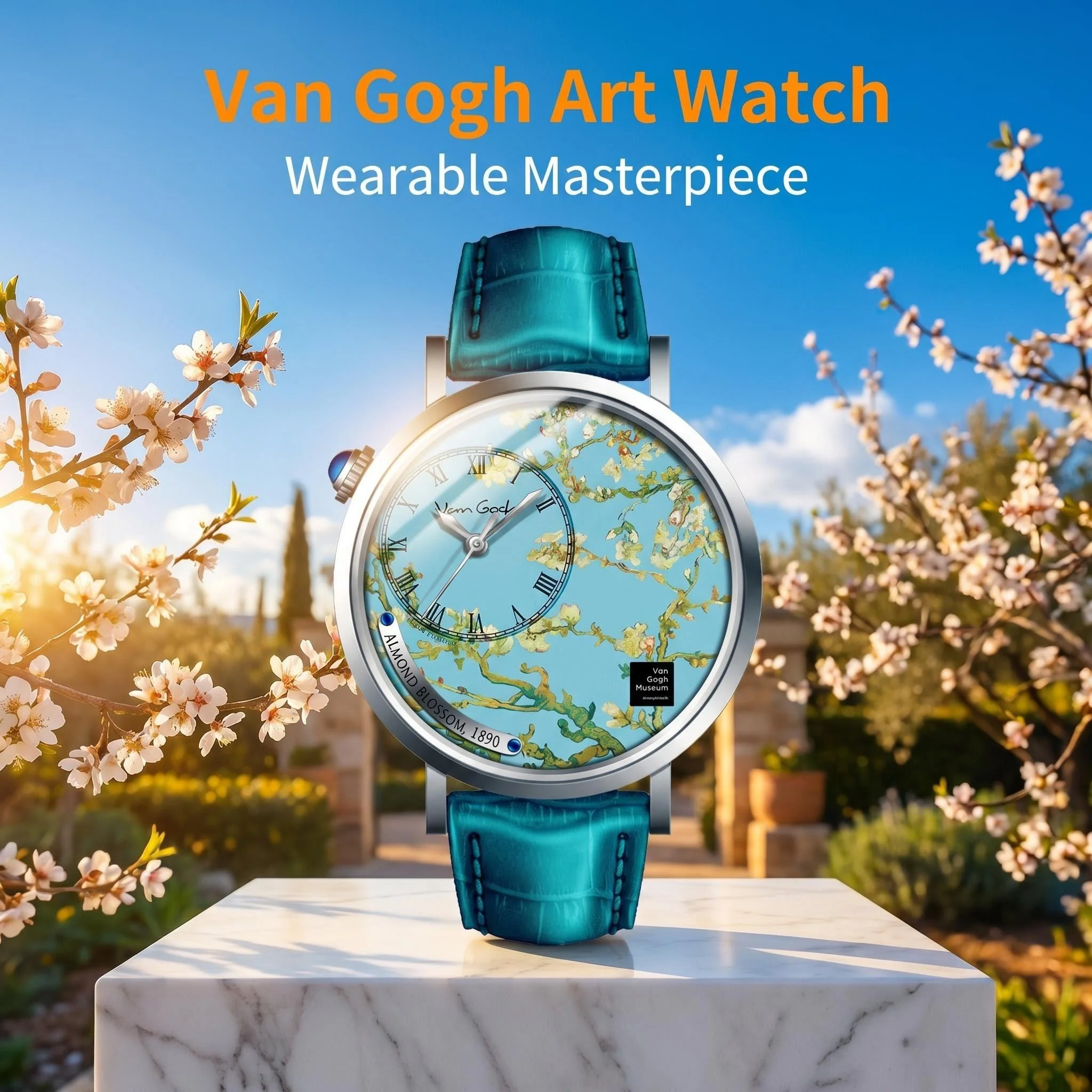 Van Gogh Apricot Blossom Oil Painting Art Quartz Watch 36mm Dial Waterproof Genuine Leather Strap Calendar Function Anti-scratch