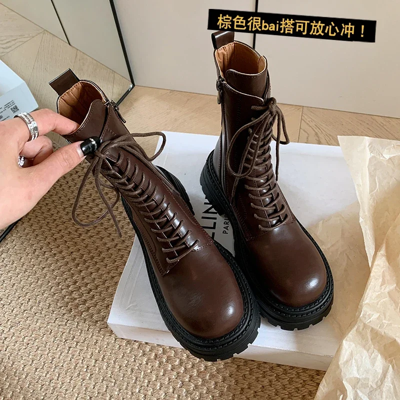 2026 new autumn winter women ankle boots natural leather 22-24.5cm split leather lace-up platform boots side zipper short boots
