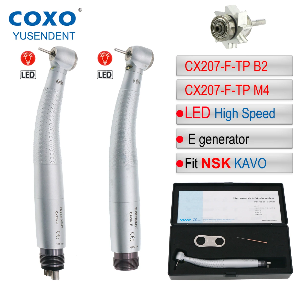 

COXO High Speed Handpiece CX207 2/4 Hole Dental Turbine LED Handpiece E Generator Torque Head Air Turbine Coupler Fit NSK KAVO