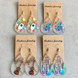 Acrylic Microscope Teacher Course Earrings Personality Notes Violin Rocket Transparent Resin Water Drop Earrings