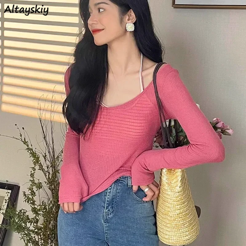 

Женские комплекты с длинными рукавами в Корейском стиле, Модные приталенные и удобные повседневные комплекты в полоску для девушек