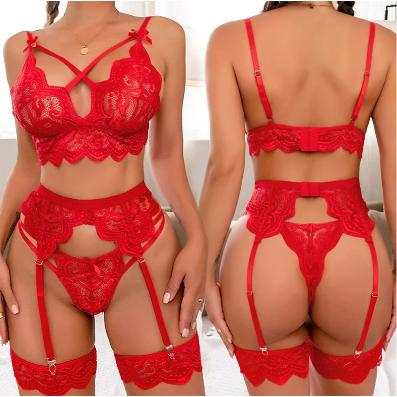 

Women's Sexy lace Lingerie Set Teddy Lace Erotic Bikini 3pcs Bra And Panty Garters sets See Through Babydoll Lingerie For Women
