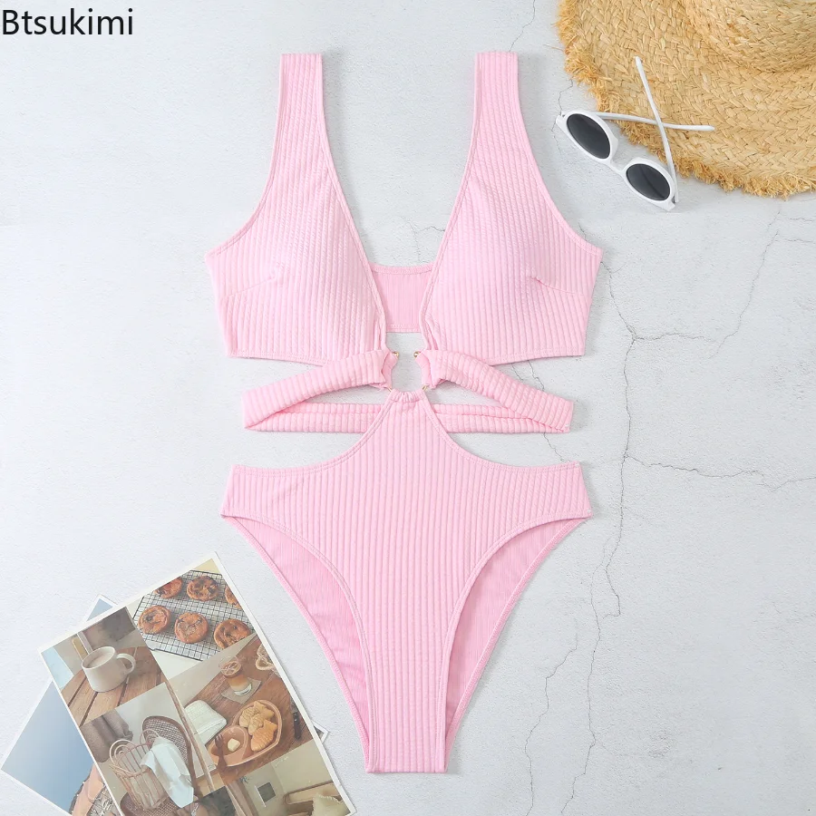 Zomer strand sexy bandage uitgehold eendelig badpak met cirkeldecoraties effen kleur badmode badpak dames bikini