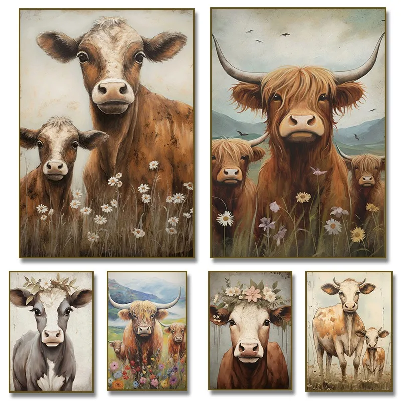 Highland Cow Family Sheep Goose Poster Canvas Painting Print Wall Art Picture Rustic  Farm Animal  Home Decoration
