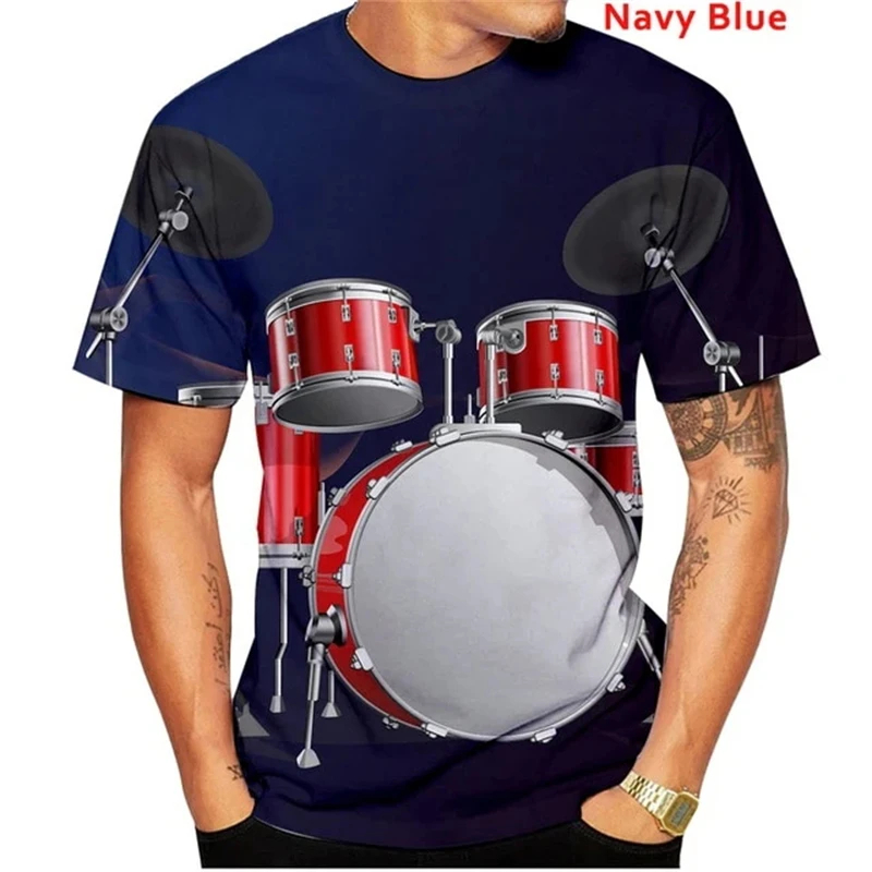 New Fashion Men T Shirt Jazz Music Drum Set Graphic 3D Printed T Shirt Tops Funny DJ Rock Short Sleeve Crew Neck Women Kids Tee