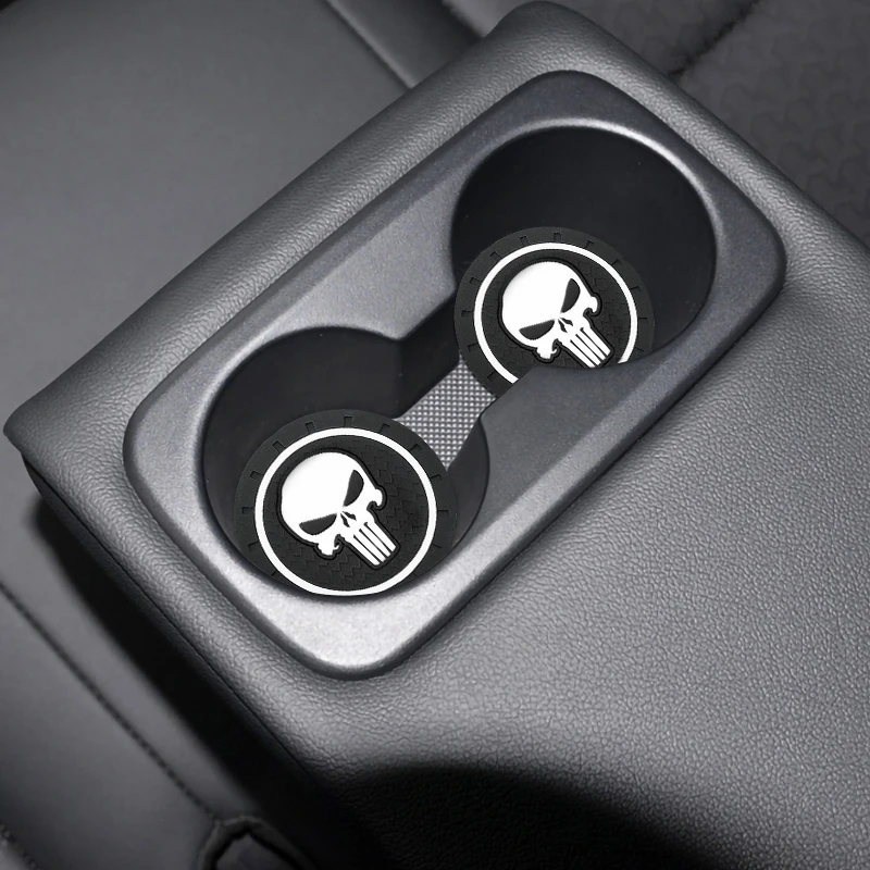 2Pcs Car Punisher Skull Logo Emblem Badge Coaster Water Cup Holder Anti Slip Pads Mat Decoration Auto Accessories Interior