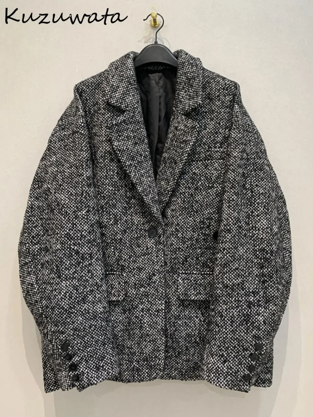 Kuzuwata New Vintage Turn-down Collar Long Sleeve Coat Single Button Tweed Loose Tailored Jacket Japan Wool Moda Casual Blends