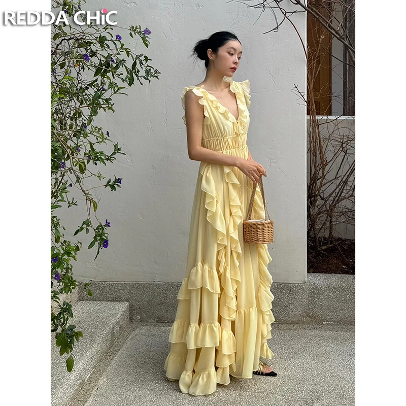 

REDDACHiC Chiffon Irregular Ruffle Women Maxi Long Dress Deep V-neck Backless Sleeveless Flowy Dress Boho Holiday Fairy Clothes