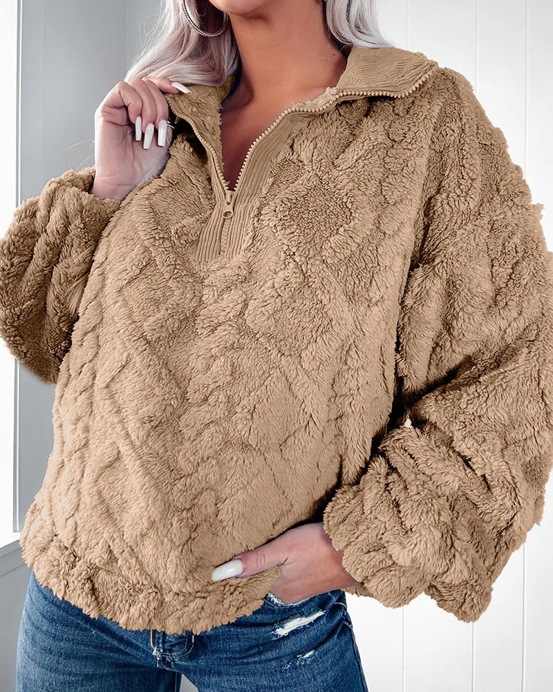 Dames herfst winter eenvoudige opstaande kraag losse lange mouw rits sweatshirt zachte comfortabele losse pluche trui