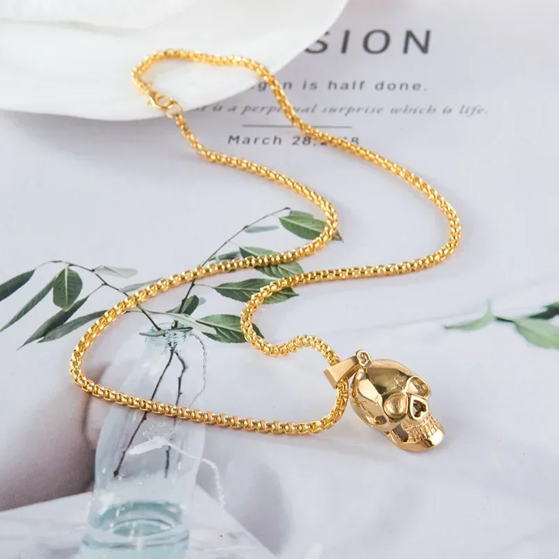 Fashion Punk Skull Pendant Men\'s Necklace Gold Black Silver Color Chain Link 20Inch Necklaces Cool Male Jewelry