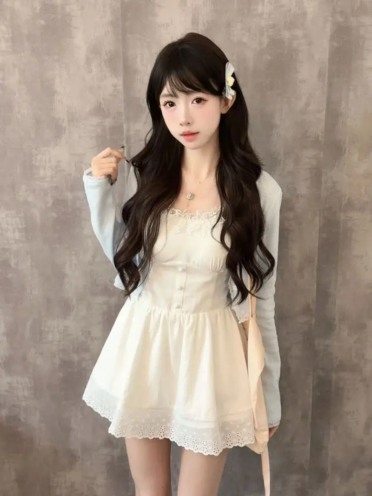 

Two Piece Sets Womens Outifits Summer New High-end Temperature Designed Sweet Girl Style Slim Suspender Dress and Cardigan