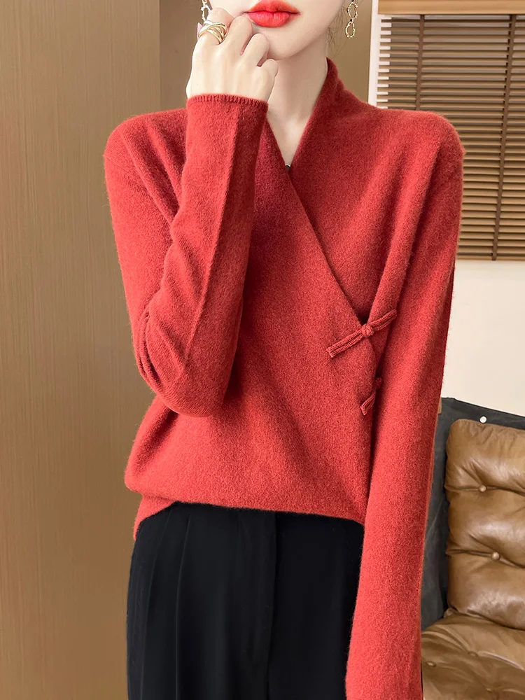 

Women's Chinese Style Knitted Autumn Winter Oblique Sweater Pullover 100% Merino Wool V-neck Knitwear Cashmere Sexy Top Clothing