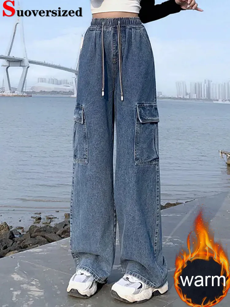 Jeans cargo vintage larghi da donna addensati pantaloni in denim dritti foderati in velluto a vita alta elastici caldi invernali Vaqueros casual coreani