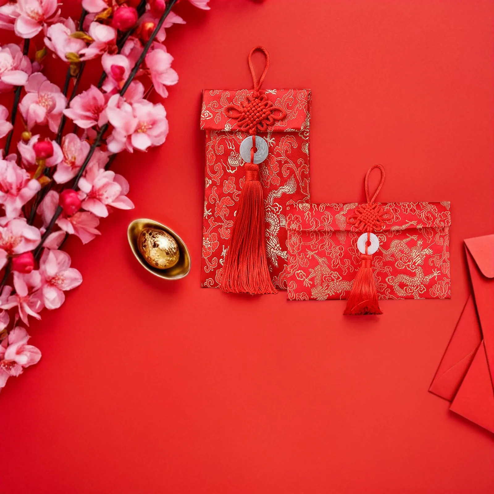

2 шт. красных парчовых конвертов с китайским узлом, подарочные пакеты с изысканным вышитым дизайном, традиционные новогодние денежные мешочки для семьи