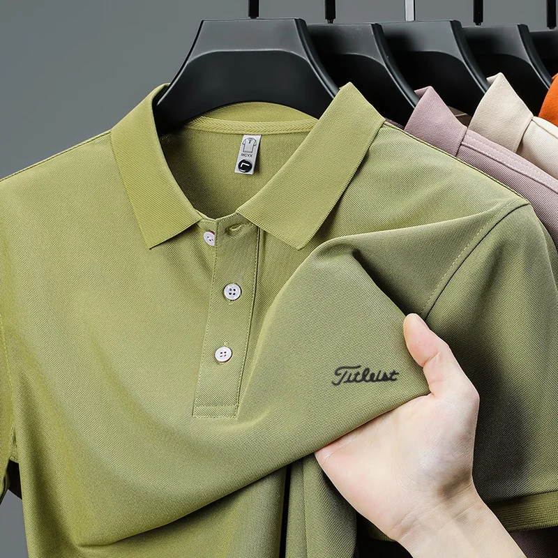 Business Casual Herren Neues Kurzarm-Poloshirt mit Kragen und Knöpfen, Einfarbig mit Schriftzug, Bequemes Atmungsaktives Herren-T-Shirt – Detail 12