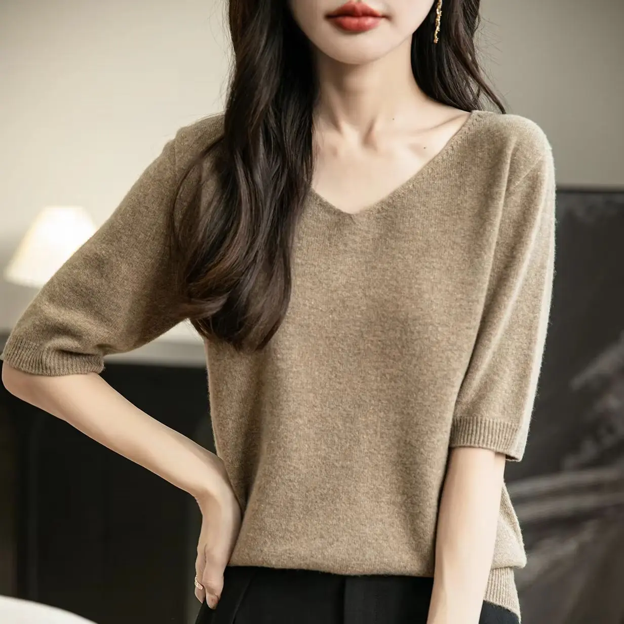 Top con scollo a V da donna 100% lana merino Primavera Autunno Inverno Prima linea pronta da indossare T-shirt a maniche corte in maglia nuova senza cuciture
