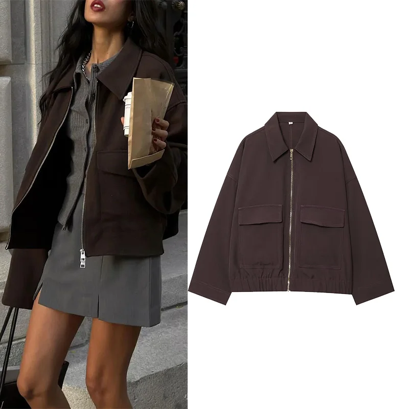 HipSeam Women Jackets with Patch Pockets Fashion Women's Jacket Coat Vintage Long Sleeve Front Zipper Female Outerwear Chic Tops