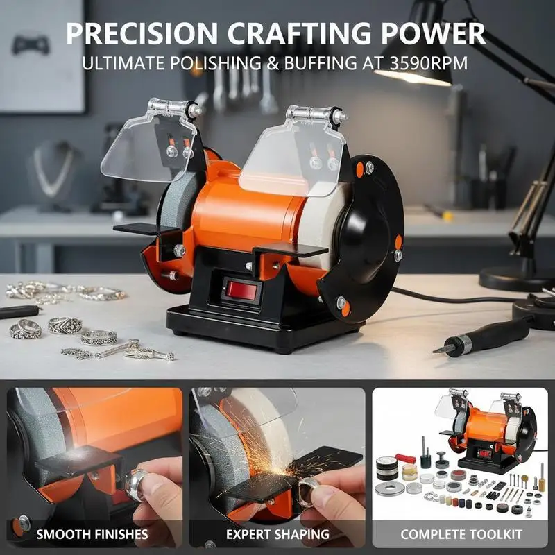 Tabletop Grinder Buffer 11.5x6.3x5.1 Inches For Metal Processing Jewelry Making Craft Polishing, 3590RPM High Speed Motor Dual Mandrels Wool Wheel Abrasive Fiber Wheel Grinding Wheel 100 Accessory Kit view 8