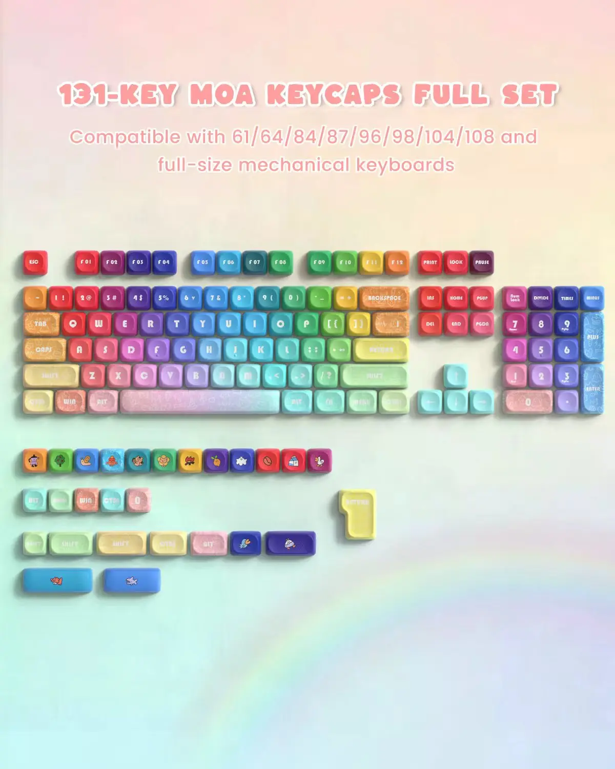 Womier 131 Keys MOA Keycap PBT Dye-Sublimation Set Keycap Kustom Pelangi Lucu untuk Keyboard Gaming Mekanik dengan Sakelar MX
