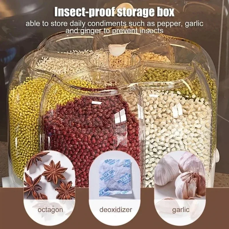 6 Grids Grain Dispenser 360 Rotating Cereal Storage Container Transparent Rice Tank Sealed Food Storage Box Kitchen Organizer