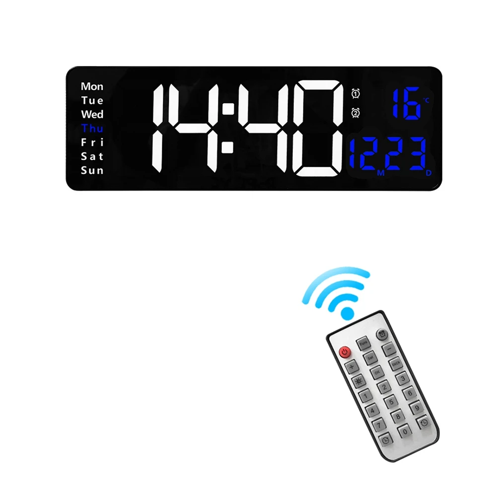 

Wall-Mounted Digital Wall Clock Remote Control Temp Date Week Display Power Off Memory Table Clock Dual Alarms Clocks C