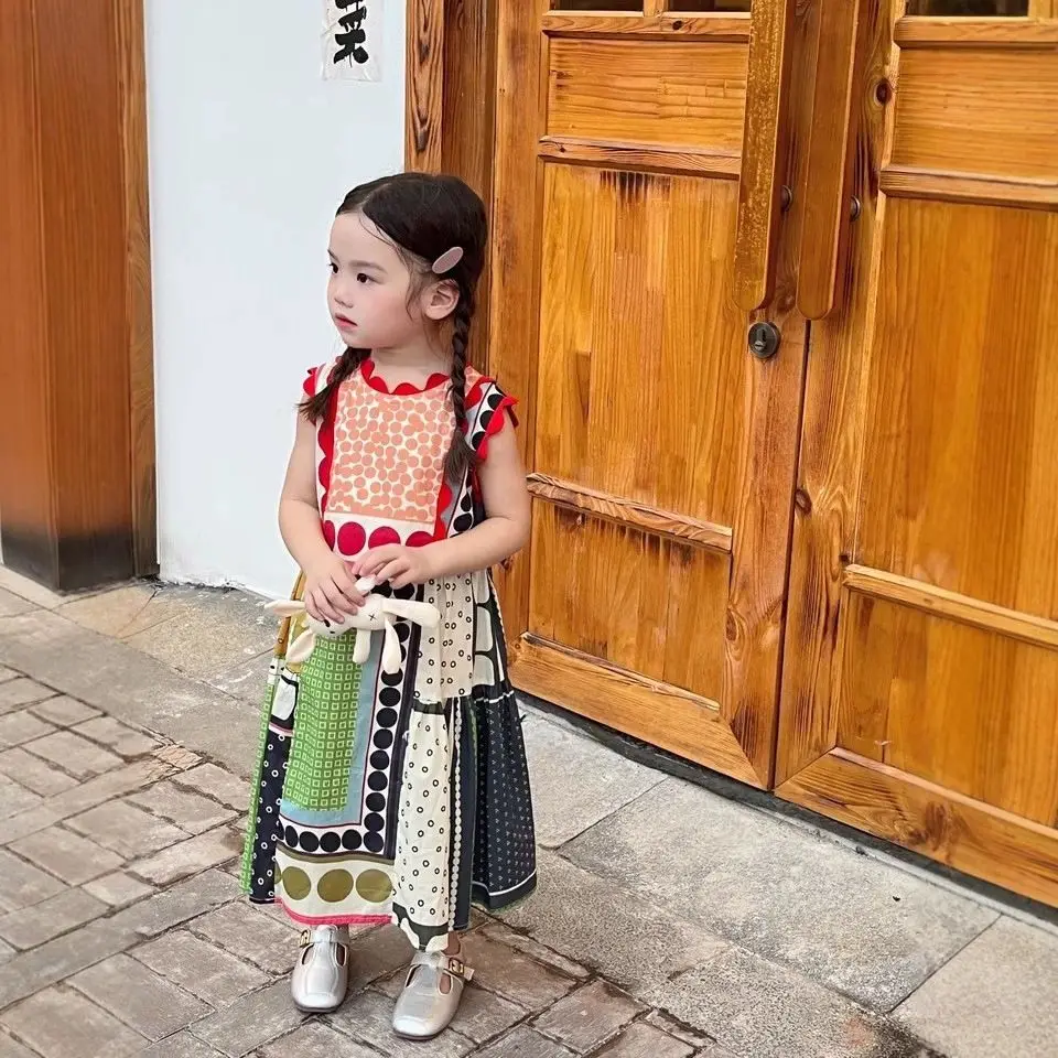 New Girls' Dress Summer Bohemian Vacation Ethnic Style Girls' Seaside Beach Multi Color Splicing Clothing Baby Girl Clothes