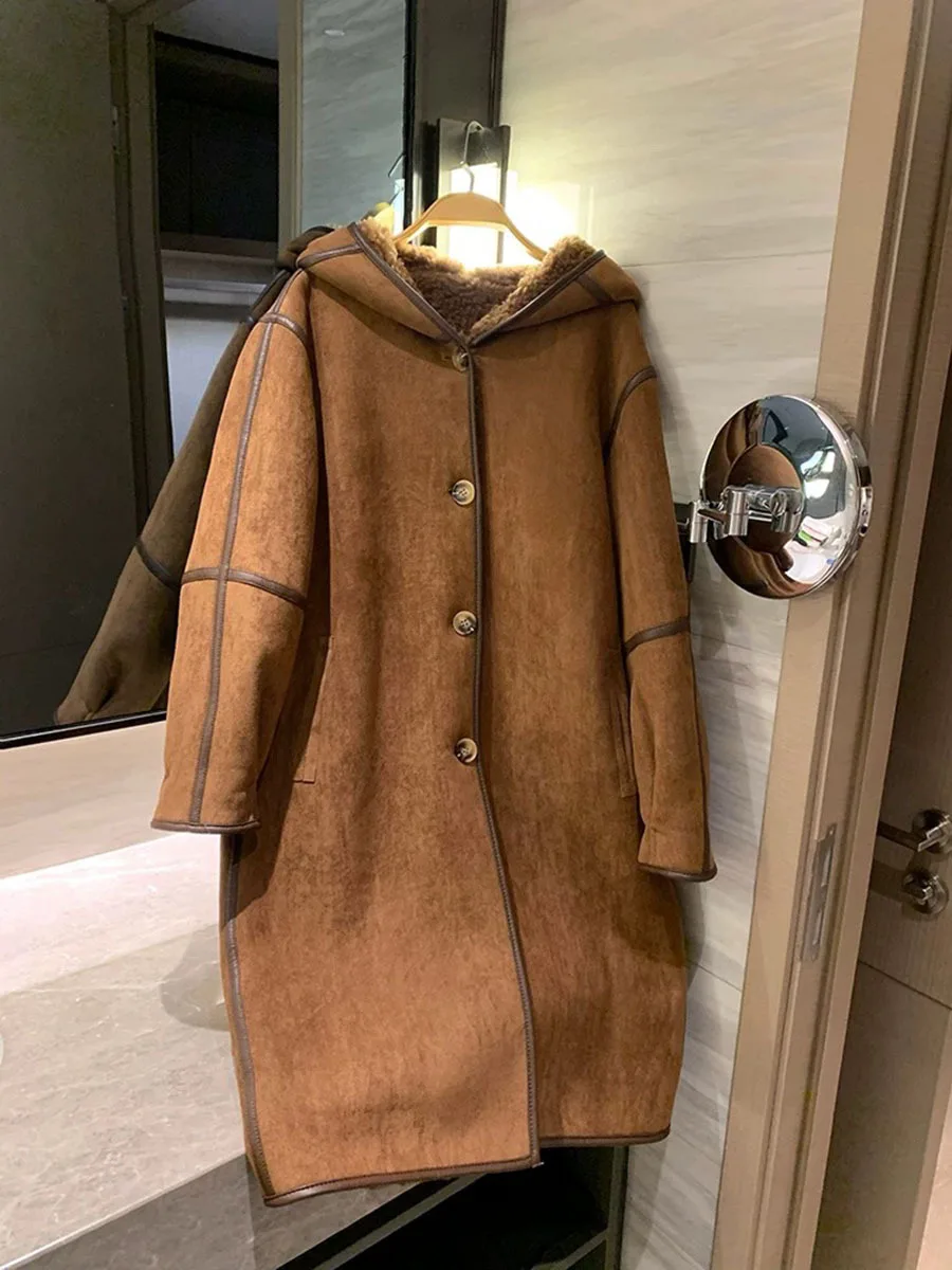 

Winter New Arrival Women'S Long Wool-Blend Hooded Suede And Fur-Lined Leather-Fur Hybrid Coat