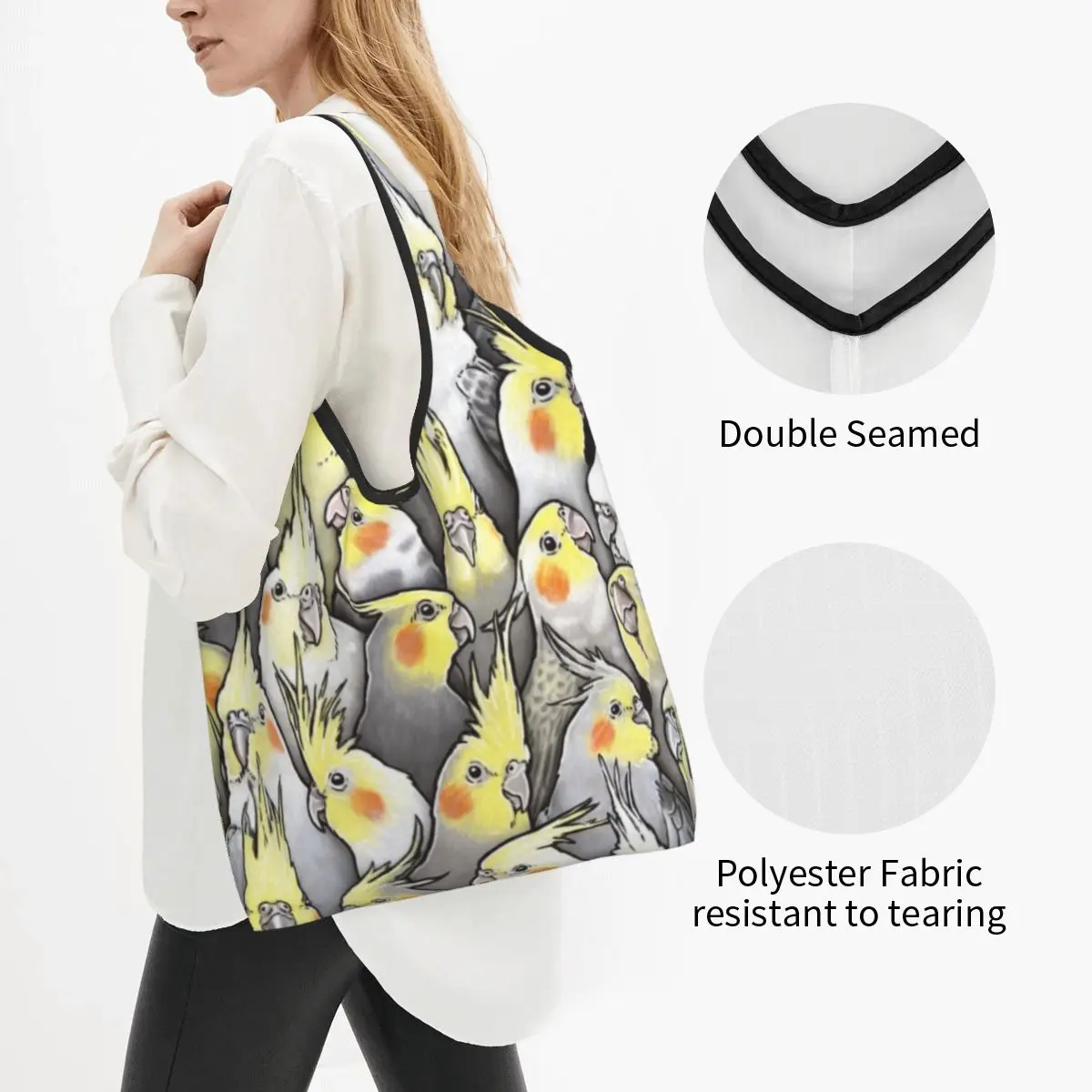 Custom Funny Cockatiels Galore Shopping Bag Women Portable Big Capacity Grocery Parrot Birds Shopper Tote Bags