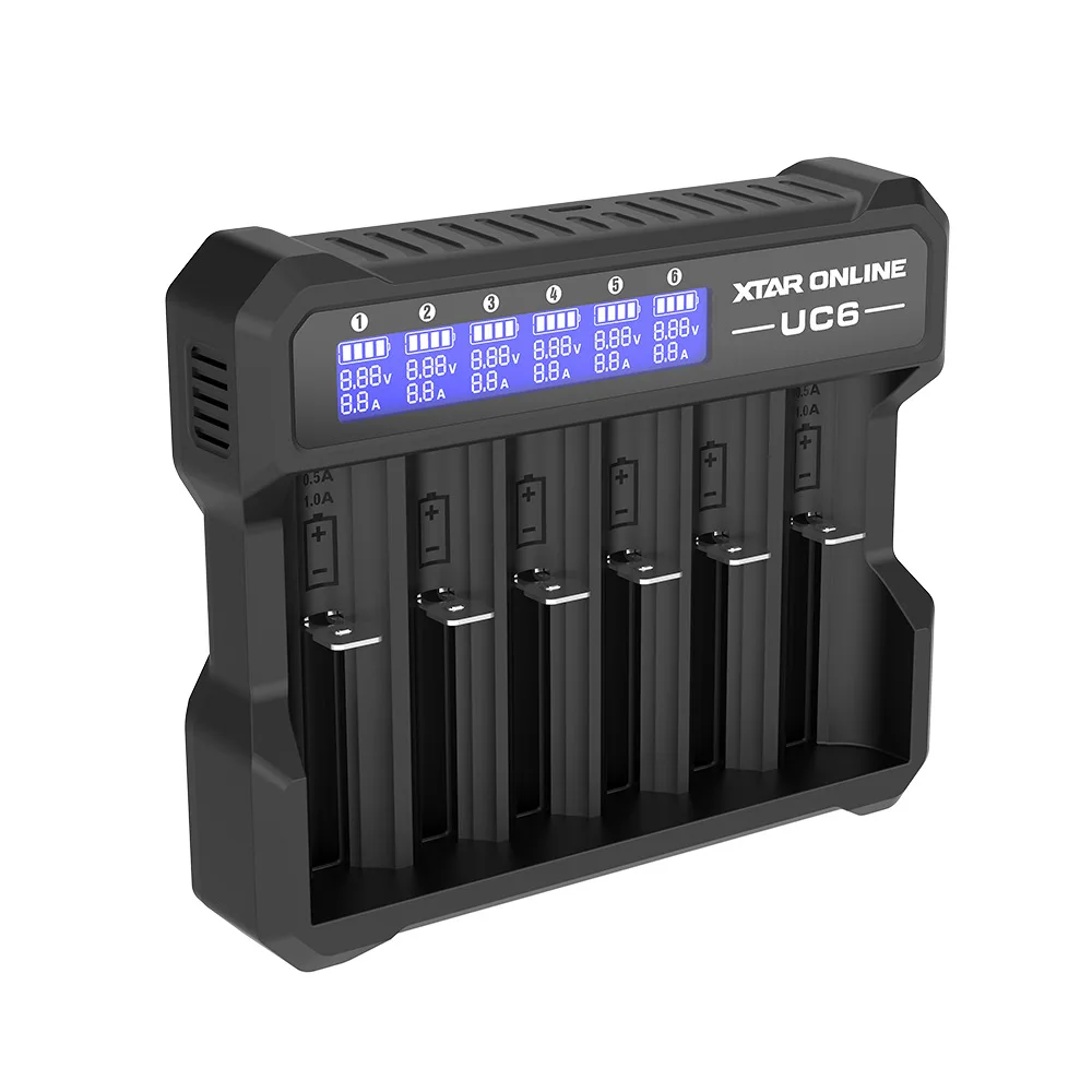 MC6C 6-Slot Independent Charger LCD Display for Li-ion Ni-MH USB-C Input 0V for 21700 18650 Li Battery AA AAA Battery Activation