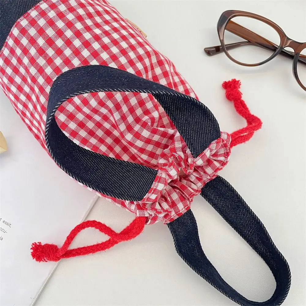 Fashionable Outdoor Drawstring Canvas Cup Bag Grid Printed Water Bottle Cover Glasses Storage Portable Small Storage Bag Hiking