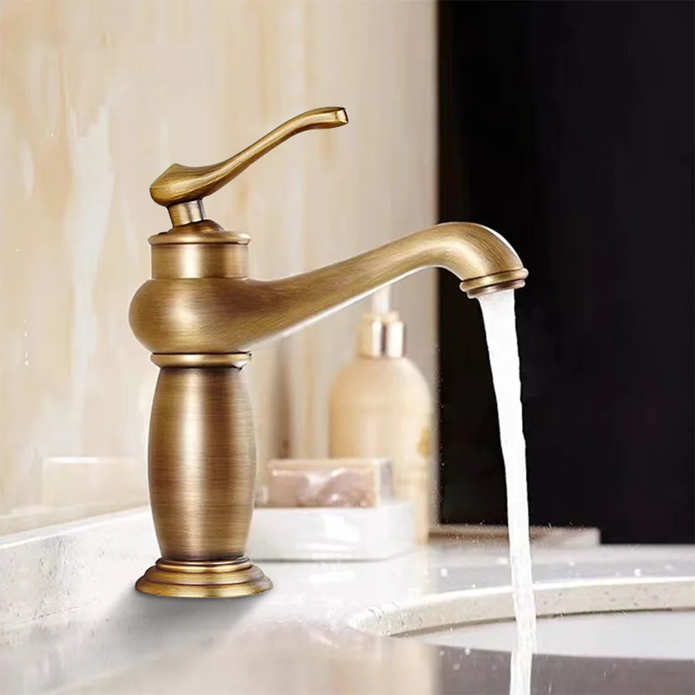 Retro Brass Basin Faucet Bathroom Deck Mounted Chrome Single Handle Hot Cold Water Mixer Tap Gold Bathroom Sink Faucet One Hole